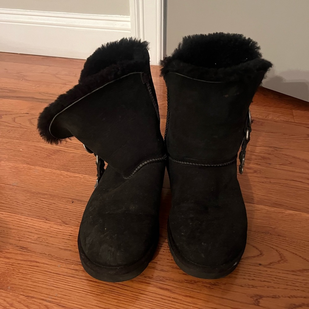 UGG Black Shearling Boots with Button Detail - Picture 2 of 5
